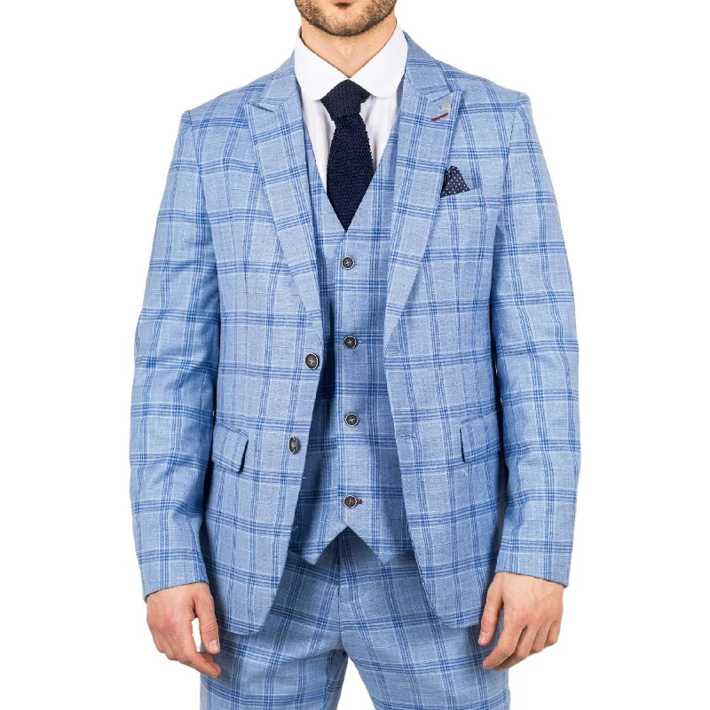 Men's Blazer Light Blue Checked Classic Sport Coat Plaid Tailored Fit