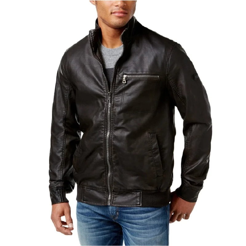 I-N-C Mens Faux Leather Motorcycle Jacket, Brown, Small