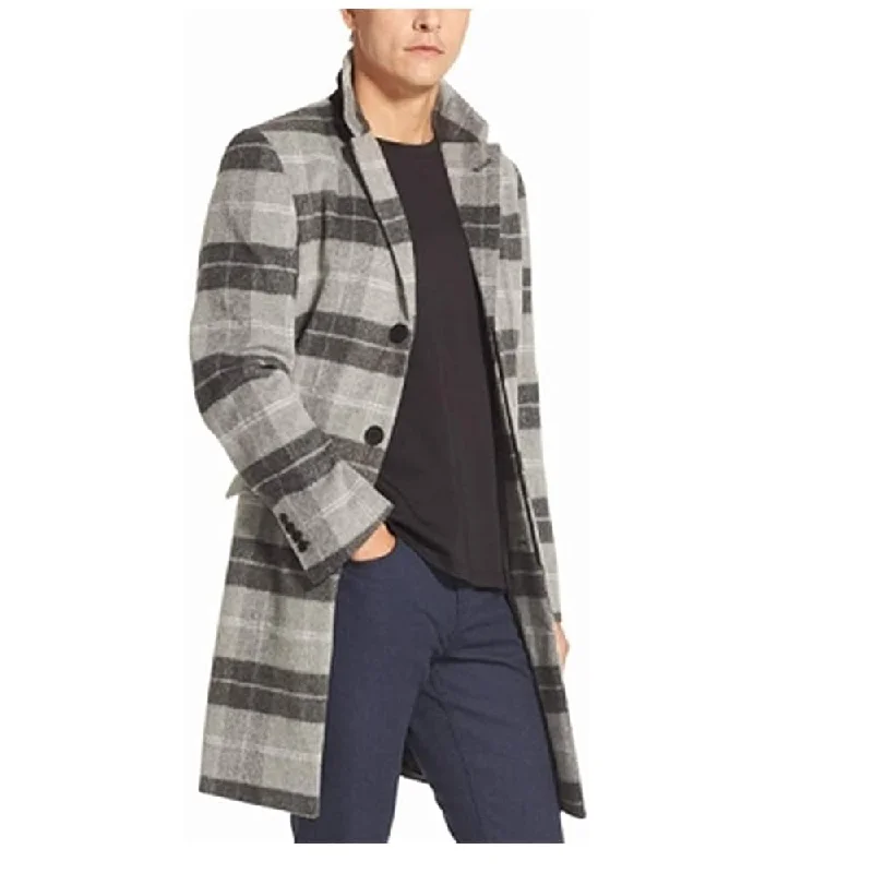 DKNY Men's Lined Notched-collar Plaid Top Coat Winter Jacket Gray Size Large