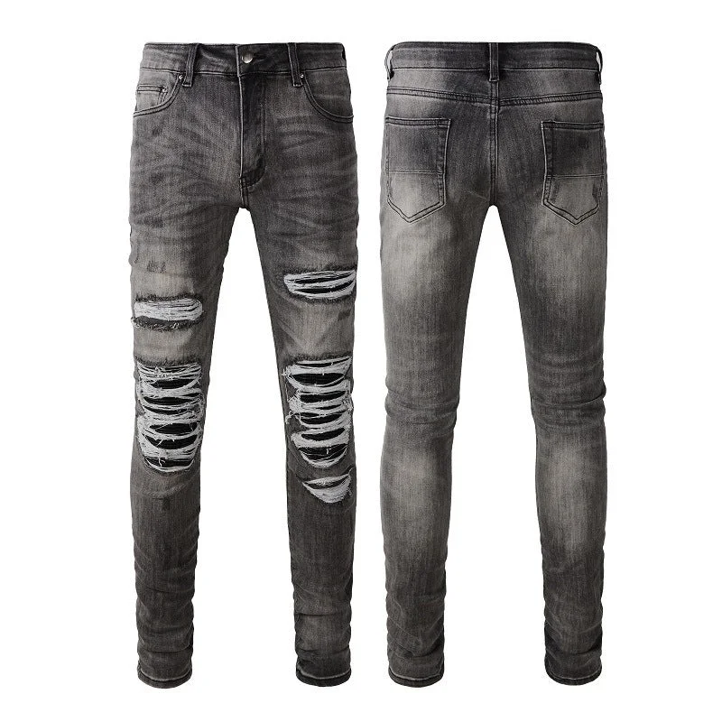 Non-mainstream Personality Patch Jeans Men's Cover Damage Gray Casual Pants