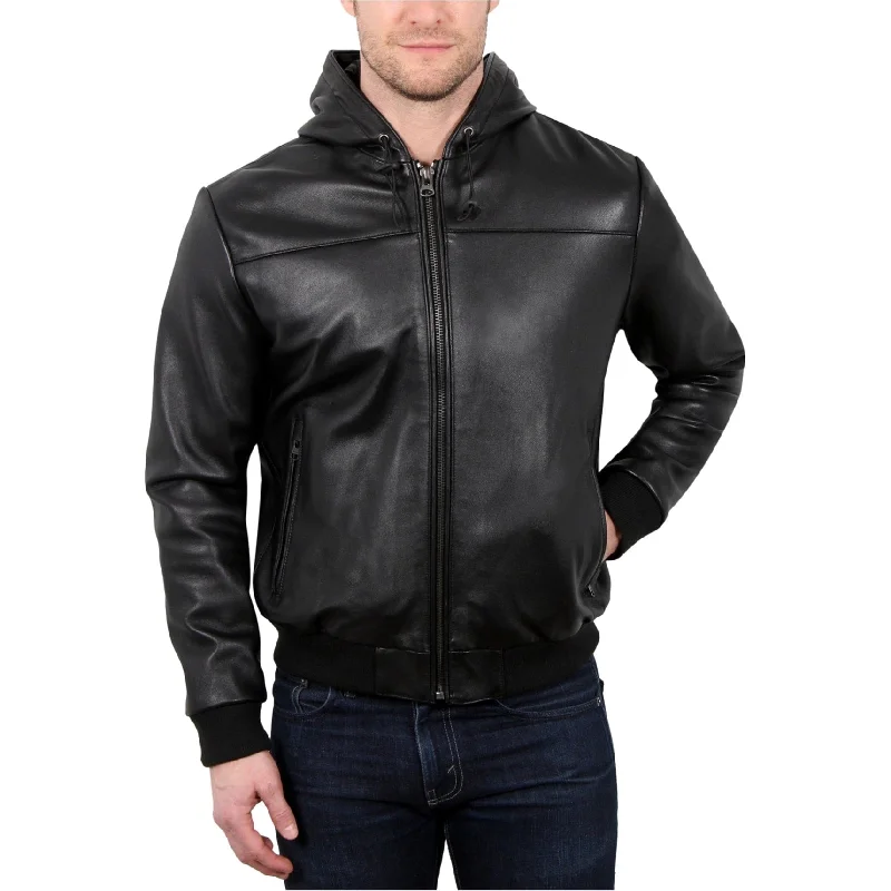 William Rast Mens Leather Hoodie Jacket, Black, Medium