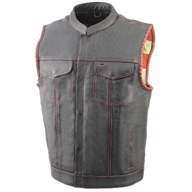 Milwaukee Leather MLM3506 Men's Black Premium Leather Vest - Old Glory Laced Armholes Red Stitching Club Style Vest