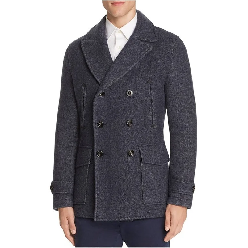 Hardy Amies Mens Textured Pea Coat, Blue, X-Large