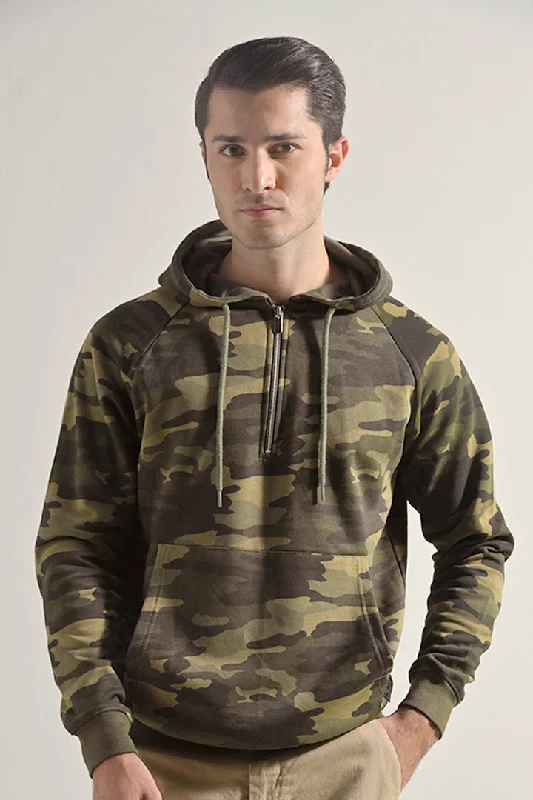 Camouflage Half Zipper Hoodie - Green