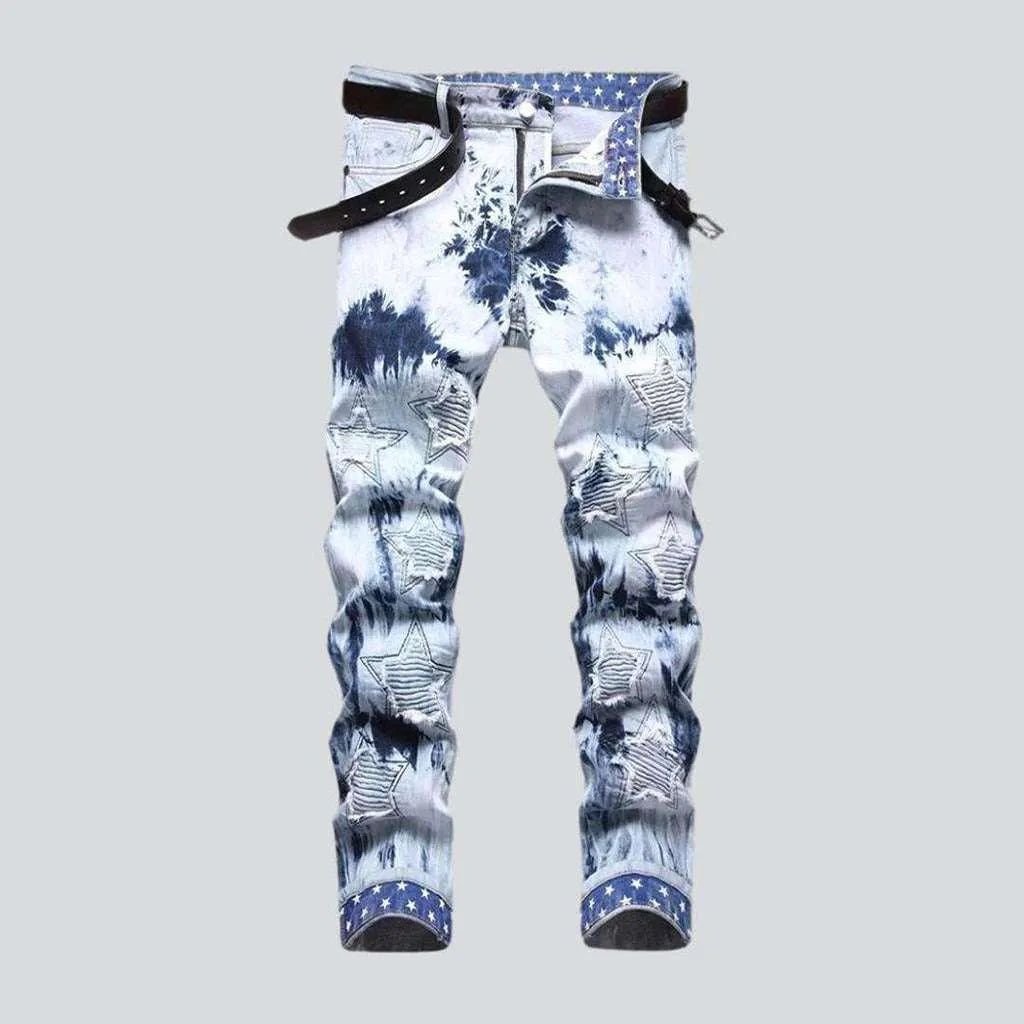 Tie-dyed star embroidery men's jeans