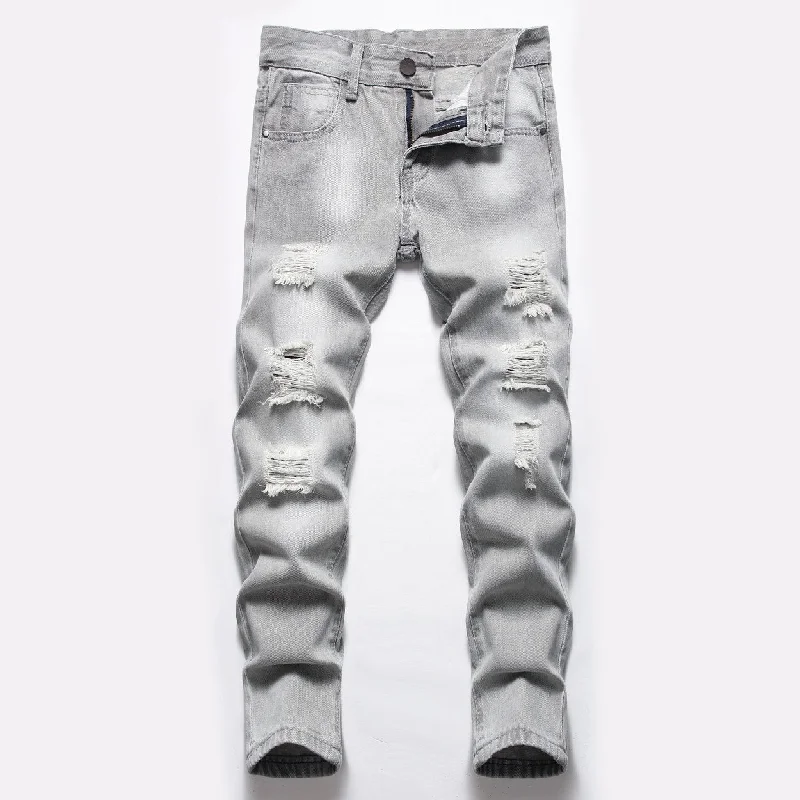 Boys Light Gray Ripped Straight Pants Denim Trousers