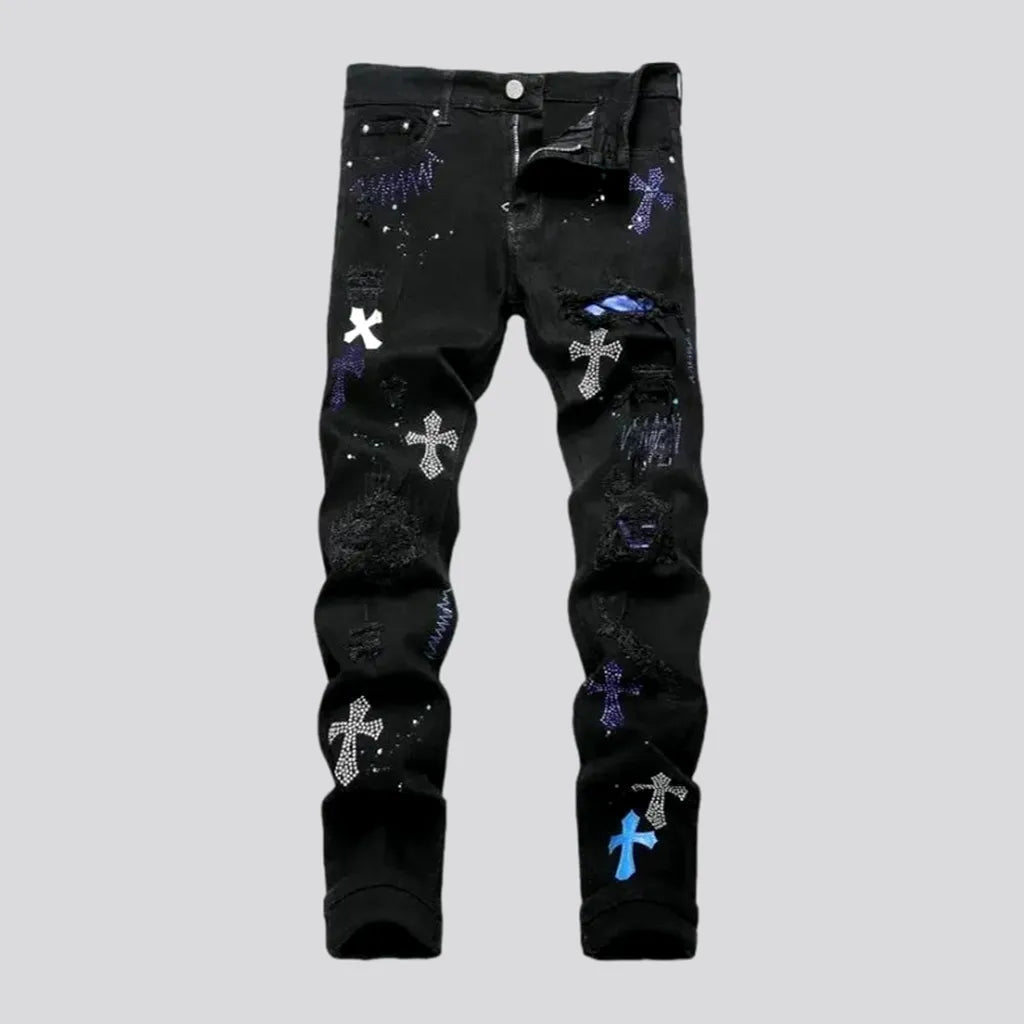 Cross-embroidery men's street jeans