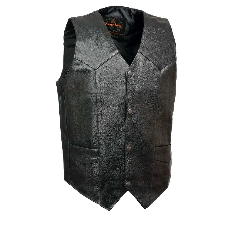 Leather King XS1310LET Men's Classic Black Leather Vest with Snap Button Closure