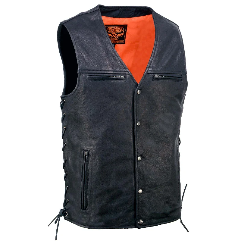 Milwaukee Leather MLM3517 Men's Black Premium Leather Classic V-Neck Side Lace Motorcycle Rider Vest