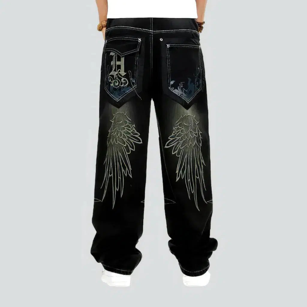 Winds-print men's baggy jeans