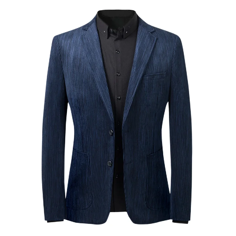 Men's Solid Color Corduroy Two Button Blazer Dark Blue