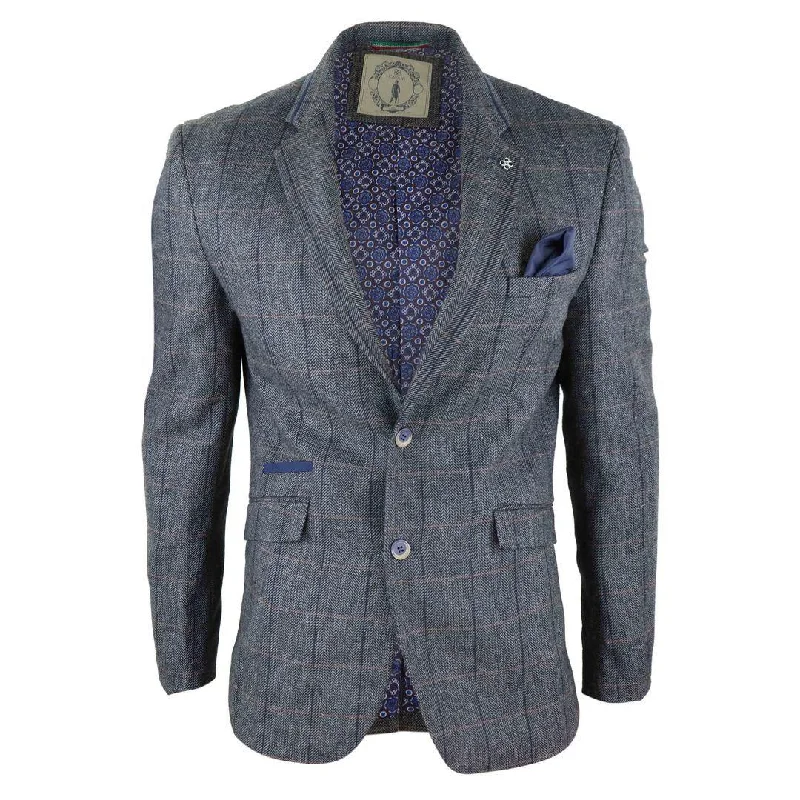 Mens Tweed Herringbone Check Grey Navy Brown Vintage Fit Blinders Blazer