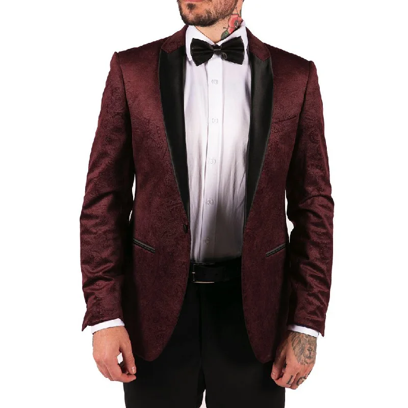 Mens Marc Darcy Velvet Paisley Wine Black Blazer Tuxedo Dinner Jacket Smart Casual