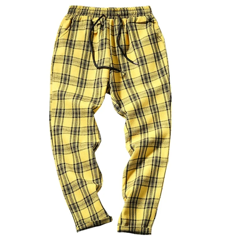 Drop Shipping Autumn Men Plaid Pants Casual Trousers Man Cotton Slim Fit Men Skinny Grid Joggers LBZ09