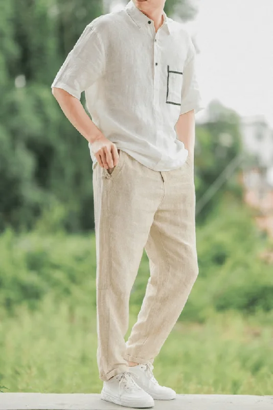 Men's Cotton Linen Pants Loose Linen Tapered Pants Beige Elastic Waist Linen Harem Pants Linen Ankle Pants