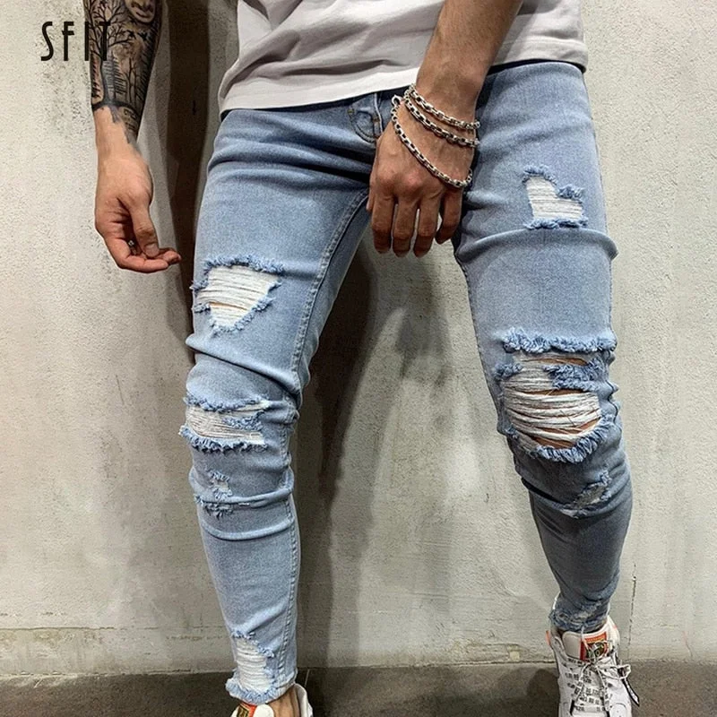 SFIT NEW Men Stretchy Ripped Skinny Biker Embroidery Print Slim Fit Jeans Destroyed Hole Taped Denim Scratched High Quality Jean