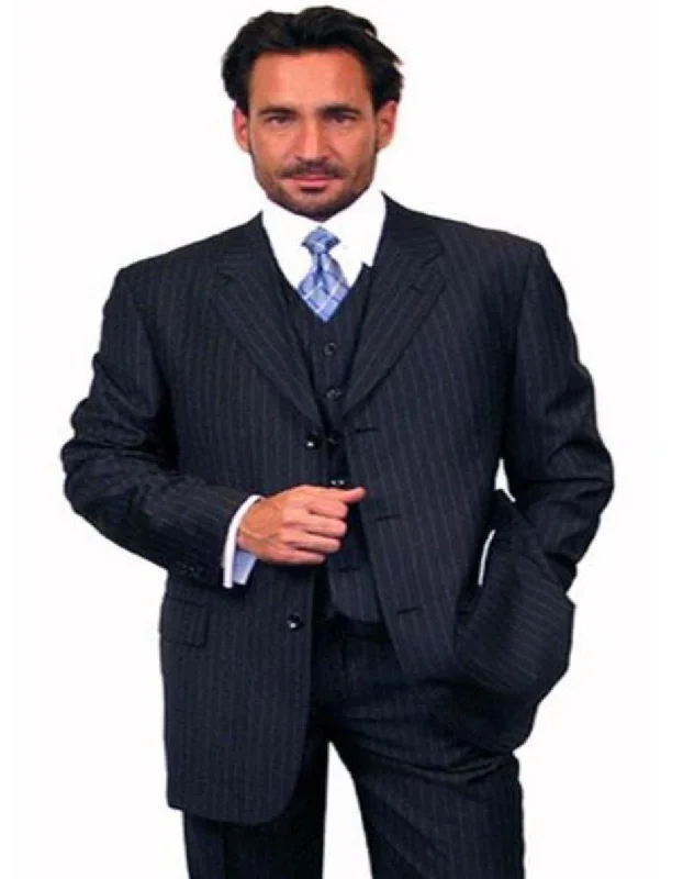 100% Wool Vested Dark Navy Blue Suit For Men