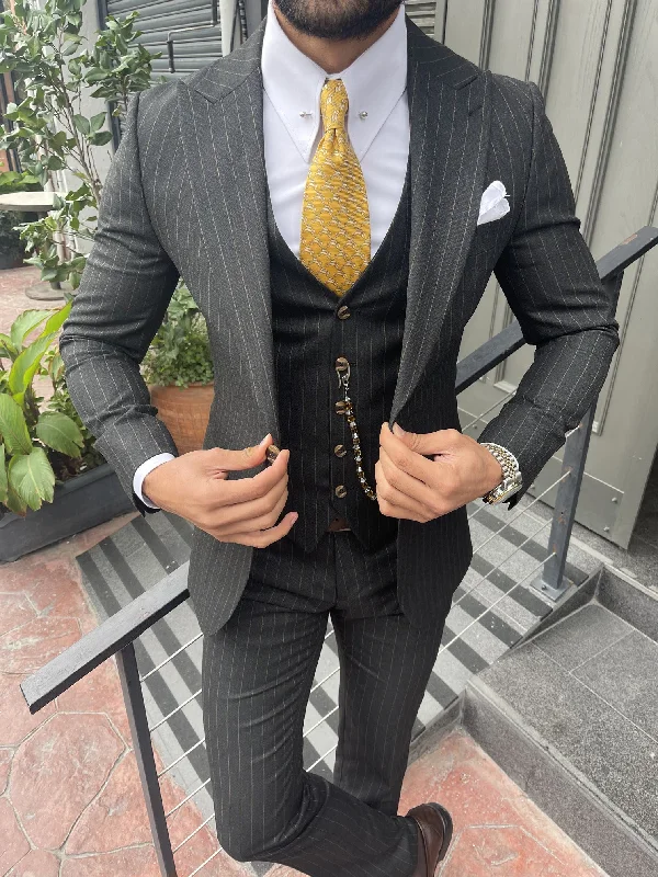 Black Striped Slim-Fit Suit 3-Piece