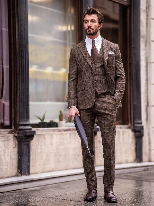 Brown Plaid Slim-Fit Suit 3-Piece