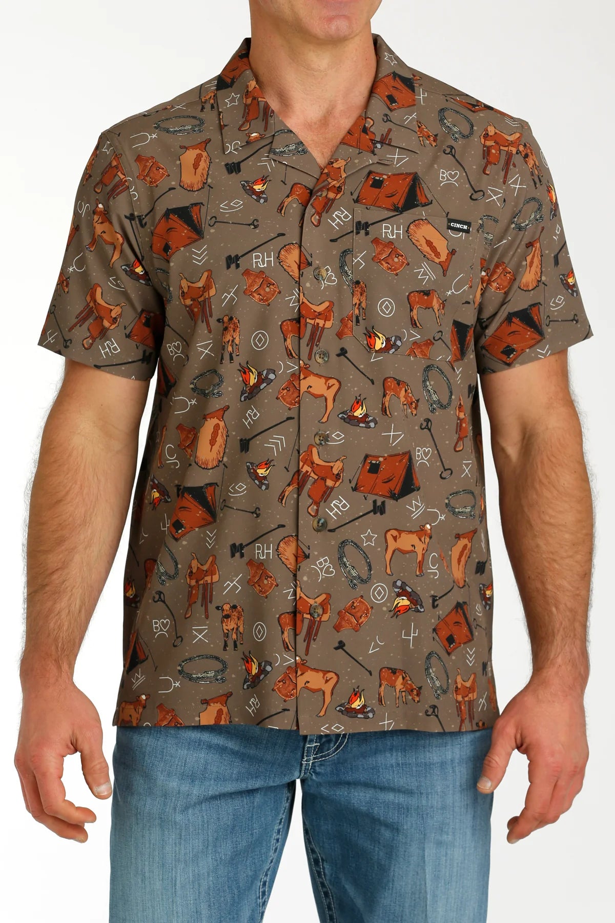 Cinch Chocolate Western Brands & Calf Print Short Sleeve Camp Shirt