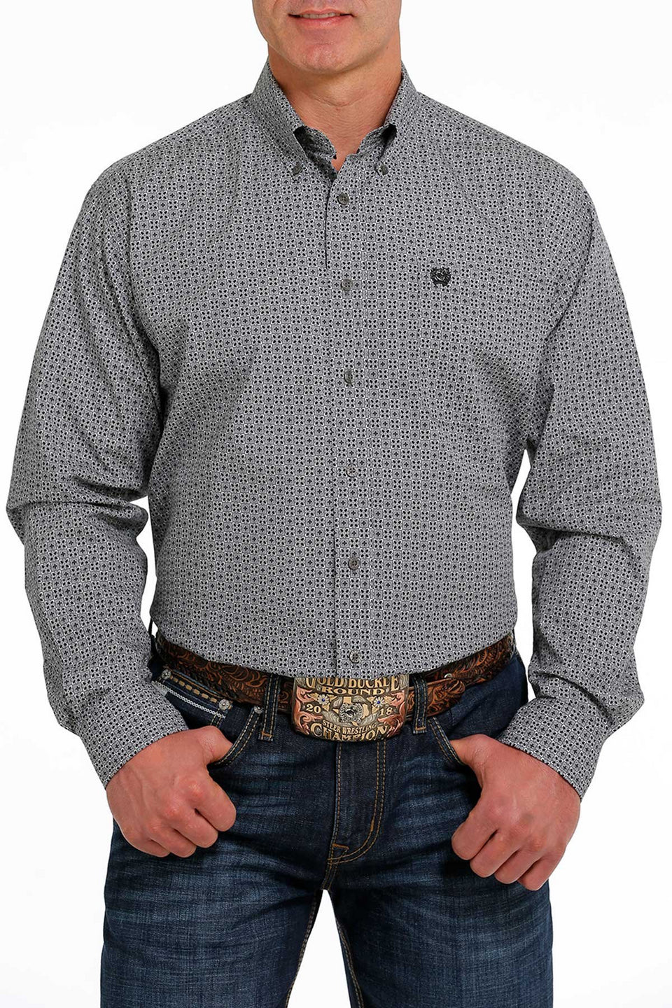 MEN'S GEOMETRIC PRINT BUTTON-DOWN WESTERN SHIRT - GRAY / BLACK