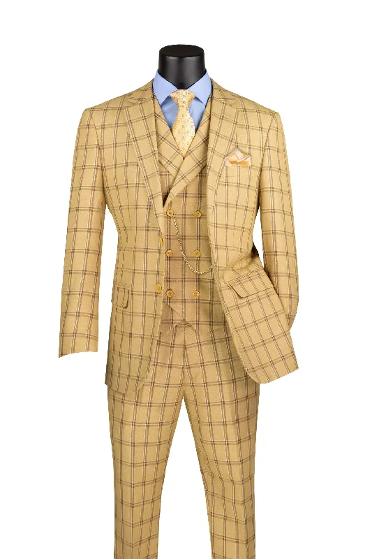 Diamond Collection Modern Fit Windowpane Suit 3 Piece in Tan