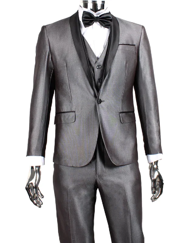 Mens 1 Button Shawl Lapel Vested Wedding | Prom Tuxedo in Silver Grey Sharkskin