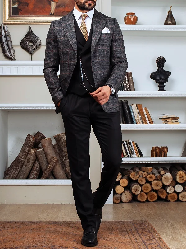 Dark Grey Plaid Slim-Fit Suit 3-Piece