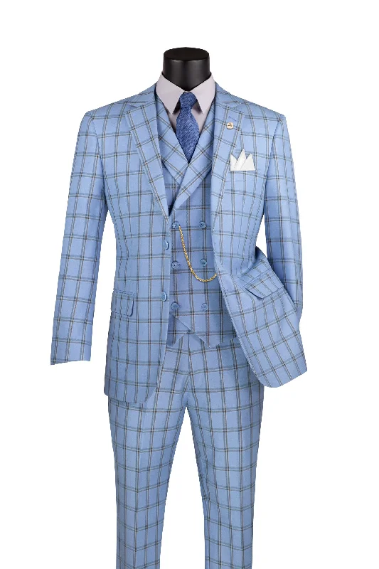 Diamond Collection Modern Fit Windowpane Suit 3 Piece in Light Blue