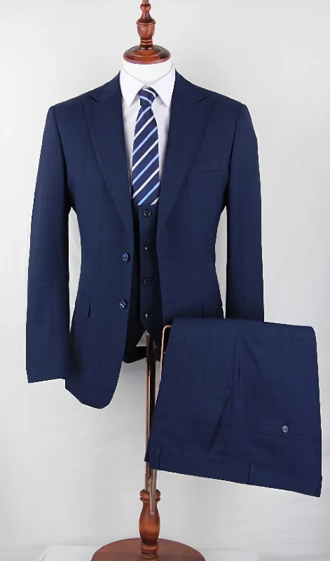 Slim Fit 3 Piece Suit Navy Plaid Pattern Matching Pants