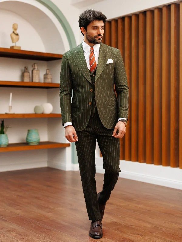 Khaki Striped Slim-Fit Suit 3-Piece