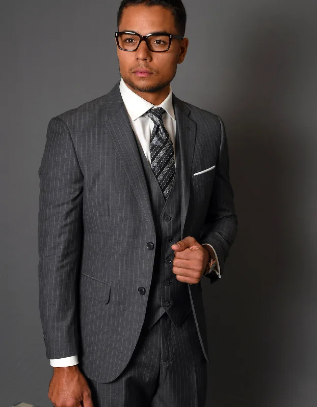 Mens 2 Button Vested Modern Fit Wool Suit in Charcoal Grey Pinstripe