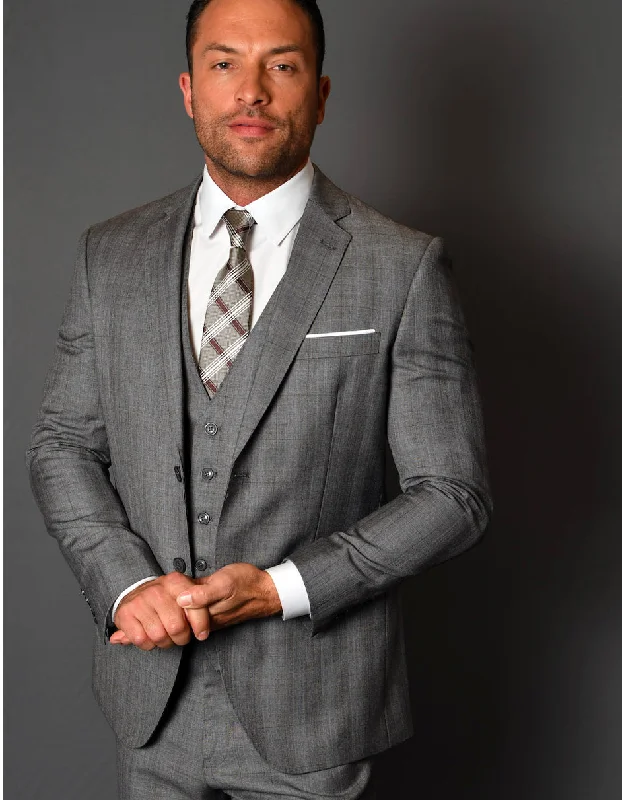 Mens 2 Button Vested Modern Fit Wool Suit in Grey Plaid