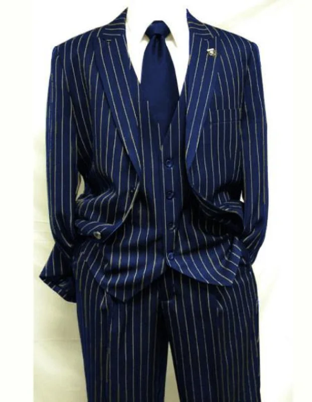 Men's Dark Navy Blue ~ White Mars Vested Peak Lapel Gangster Bold PinStripe Suit