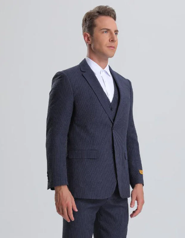 Mens Vested Summer Seersucker Suit in Navy on Navy Pinstripe