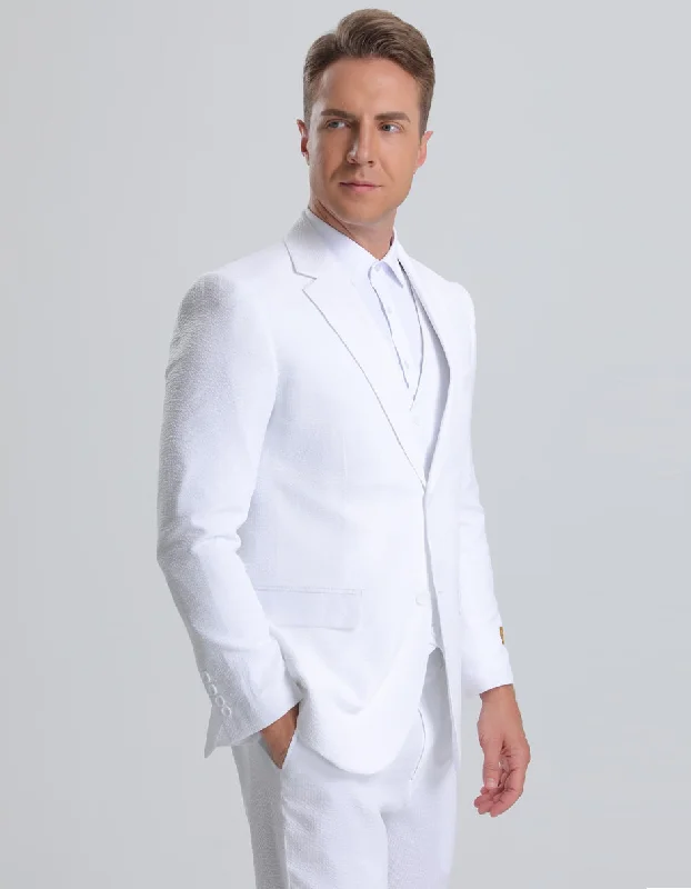 Mens Vested Summer Seersucker Suit in White Pinstripe