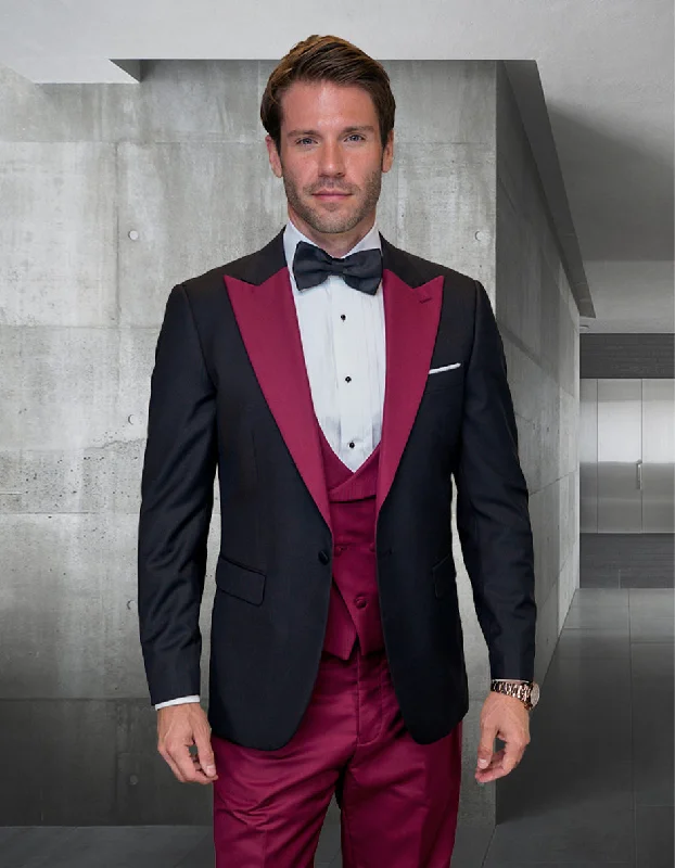 Mens Wool Vested Wide Contrast Peak Burgundy Wedding Tuxedo