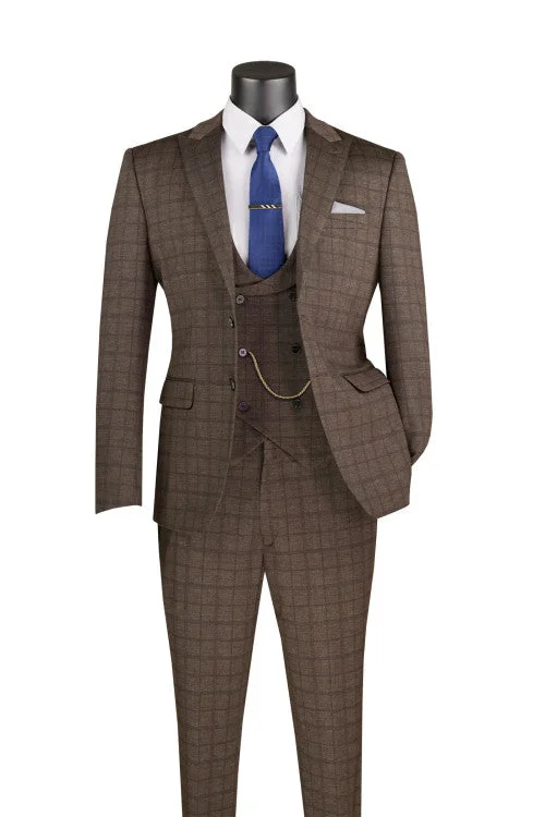 Milano Slim Fit 3 pcs Vested Suits for Men Super Stretch Fabric in Brown