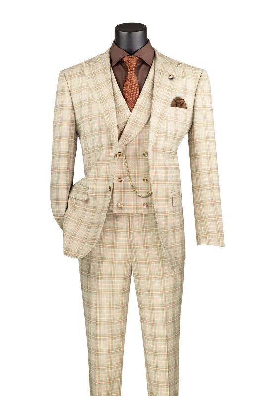 Modern Fit Windowpane Suit 3 Piece in  Khaki