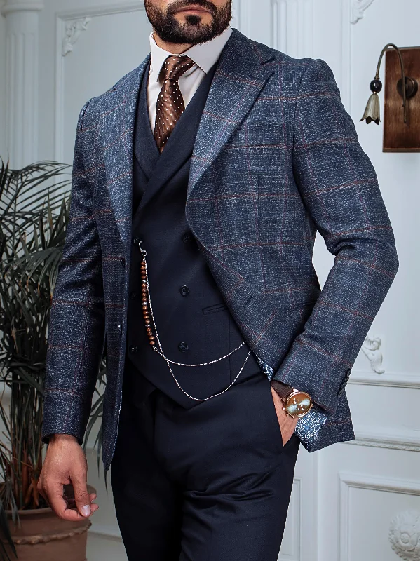 Navy Plaid Slim-Fit Suit 3-Piece