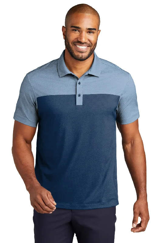 Port Authority Mens Fine Pique Blocked Moisture Wicking Short Sleeve Polo Shirt - Heather Aegean Blue