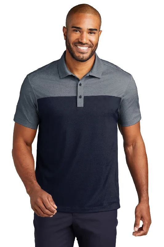 Port Authority Mens Fine Pique Blocked Moisture Wicking Short Sleeve Polo Shirt - River Navy Blue/Heather River Navy Blue