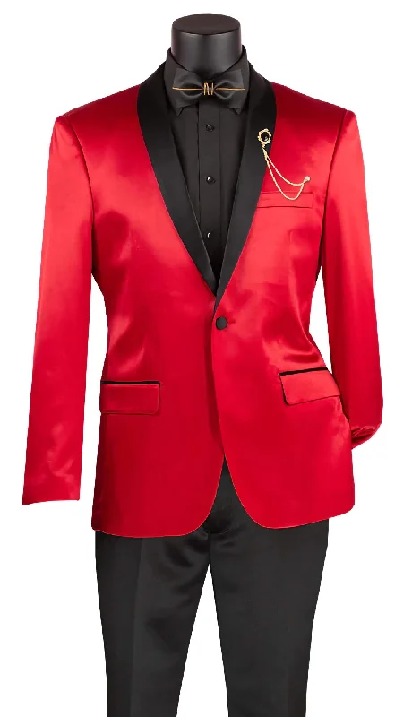 Red Slim Fit Blazer Stretch Sateen 1 Button With Narrow Shawl Lapel