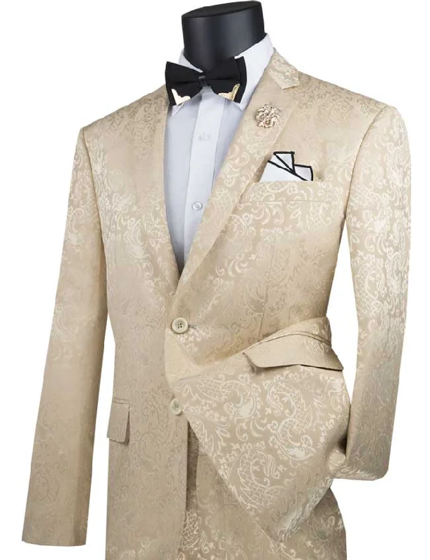 Slim Fit  Paisley Suit 2 Piece Beige