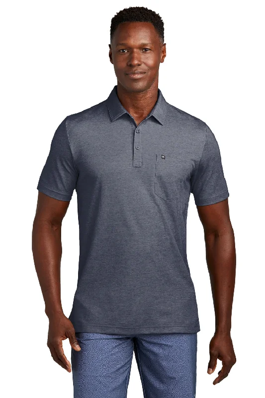 TravisMathew Mens Oceanside Moisture Wicking Short Sleeve Polo Shirt w/ Pocket - Heather Blue Nights