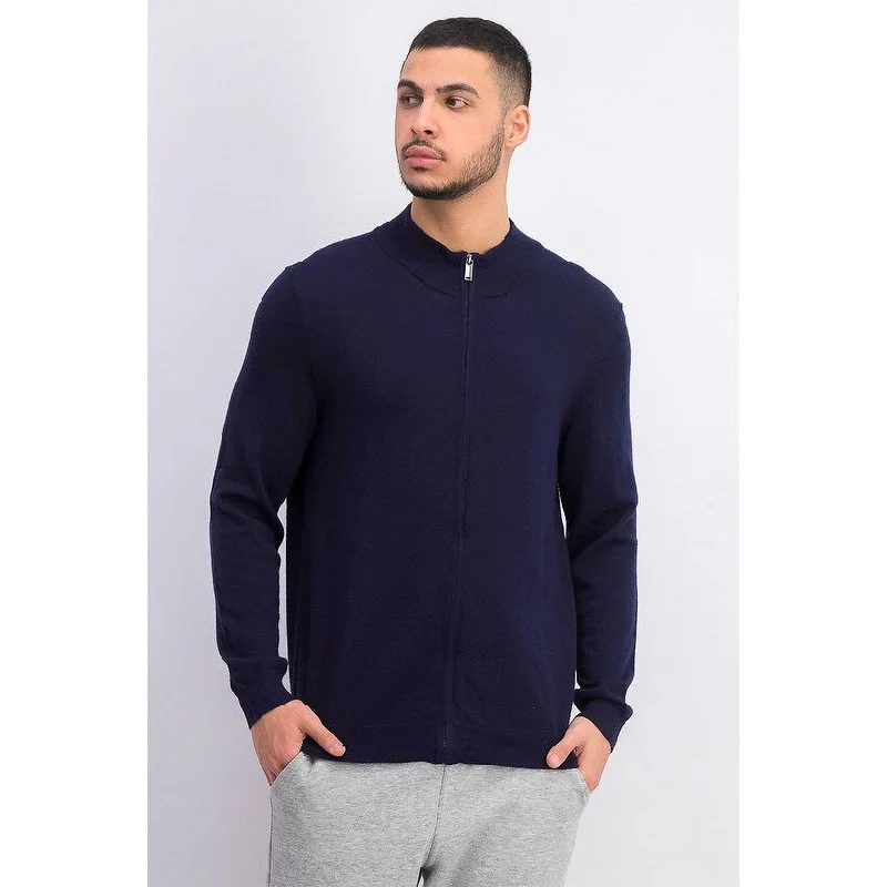 Tasso Elba Men's Solid Full-Zip Mock-Neck Merino Wool Blend Sweater Dark Blue Size Medium